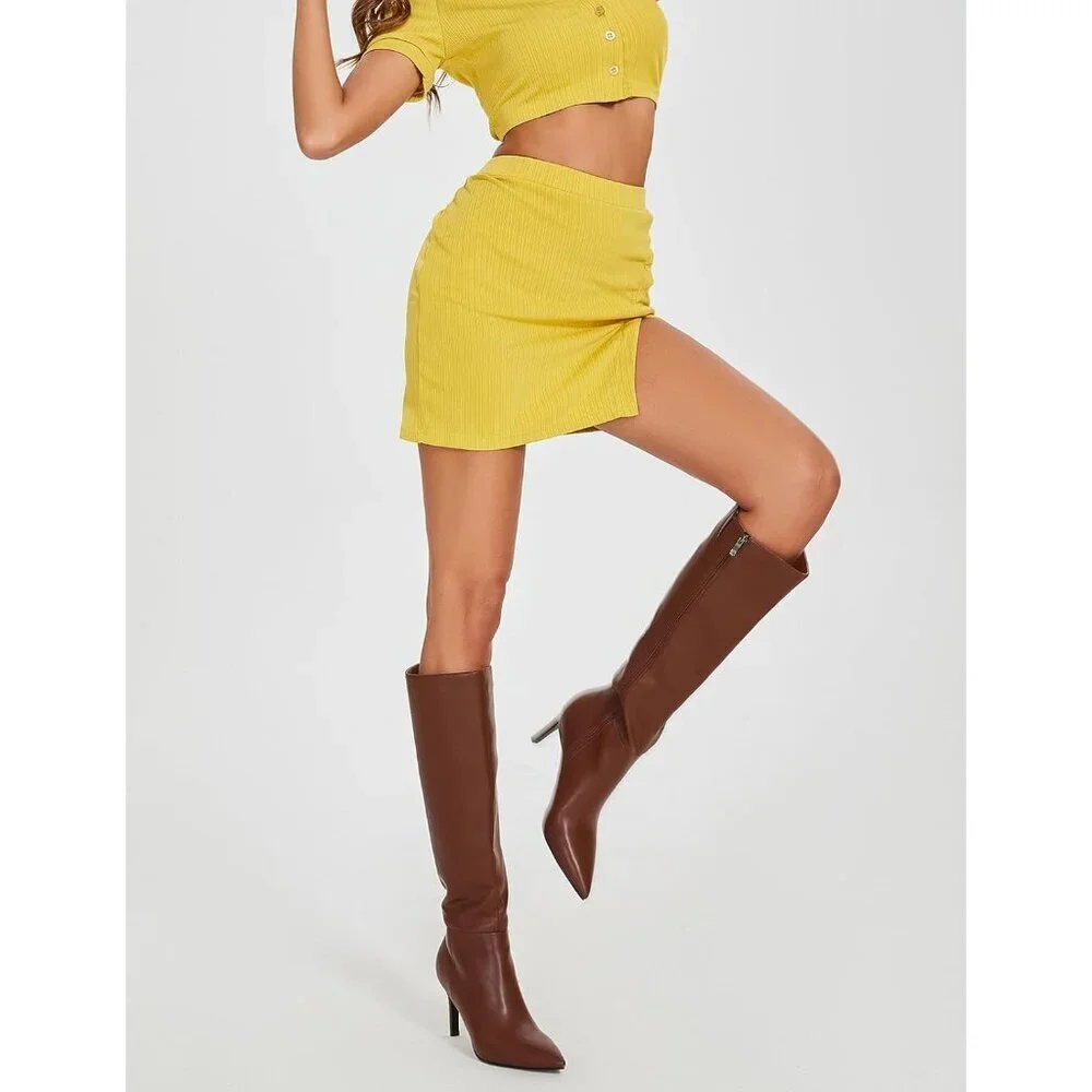 🆕Women Brown Faux Leather Pointed Toe Tall Stiletto Heel Zipper Dress Boots
